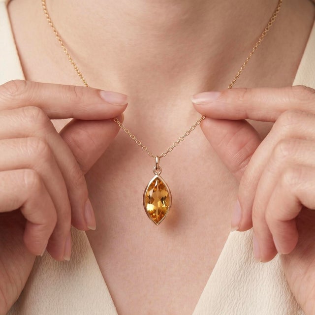Not Yet Made - Made To Order Genuine Marquise Citrine Necklace – Minimalist Bezel Set Golden Gemstone Solitaire Pendant For Sale - Image 5 of 5