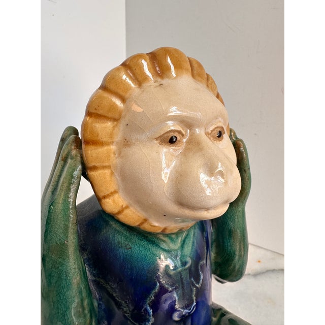 Hear No Evil Monkey Majolica Style Ceramic Sculpture For Sale - Image 4 of 8