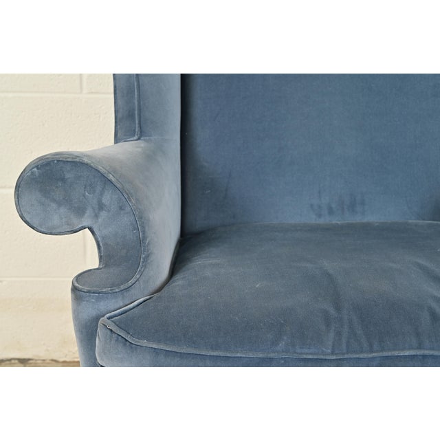 Wood Kindel Furniture Chippendale Carved Mahogany Blue Velvet Upholstered Wingback Lounge Chair For Sale - Image 7 of 14