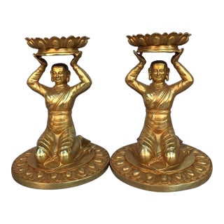 Vintage Pair of Gilt Bronze Kneeling Figure Candlesticks - Buddhist Altar Lamps For Sale