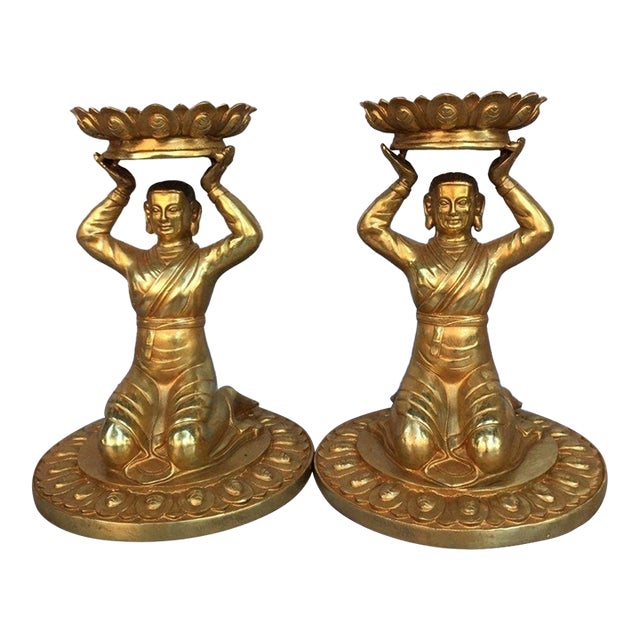 Vintage Pair of Gilt Bronze Kneeling Figure Candlesticks - Buddhist Altar Lamps For Sale