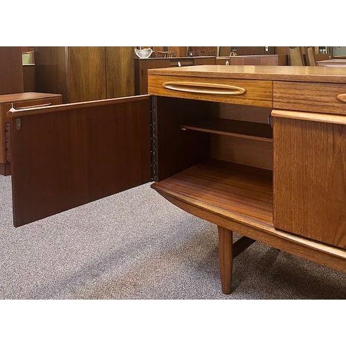 Wood Mid Century Modern Bow Front Teak Credenza W/ Drop Front Mini-Bar c.1960 For Sale - Image 7 of 15