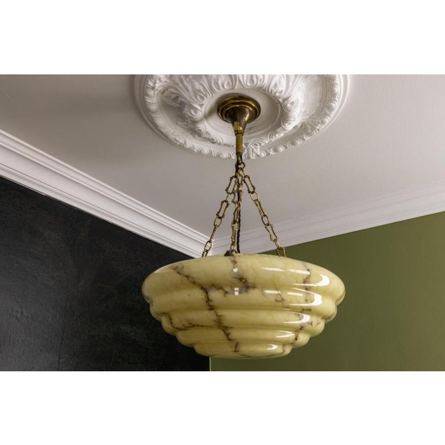 Art Deco Layered Marbled Yellowish Beige and Brown Glass and Brass Pendant Light, 1950s For Sale - Image 10 of 18