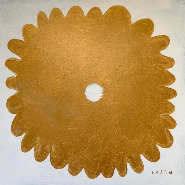 Flower One. Gold & White Painting by Robin Zingone. For Sale