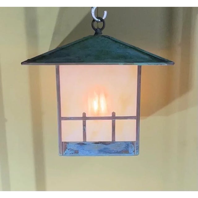 Art Deco Single Arts & Crafts Brass Lantern Pendant Light With Art Glass For Sale - Image 3 of 12