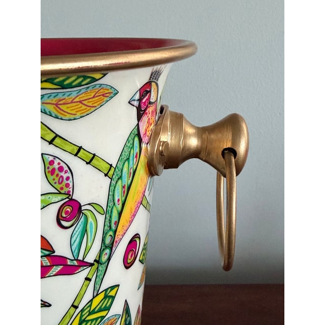 Hollywood Regency Hot Pink Tropical Themed Tole Cachepot/Champagne Bucket With Gold Accents and Handles For Sale - Image 3 of 7