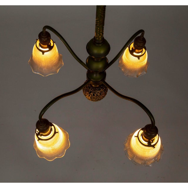Victorian Brass Chandelier With Floral Ball & Bellflower Glass Shades For Sale - Image 9 of 13