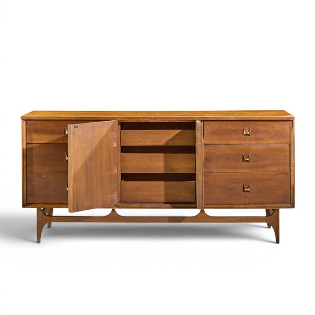 Broyhill Brasilia Mid Century Walnut and Brass 9 Drawer Lowboy Dresser For Sale In Chicago - Image 6 of 11
