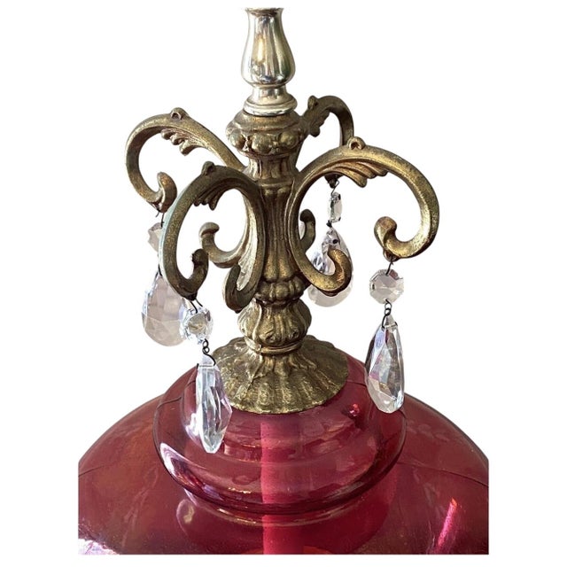 Ruby Red 1970s Hollywood Regency Cut Ruby Glass & Crystal Prism Globe Table Lamp Light Up Base For Sale - Image 8 of 12
