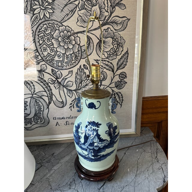 19th Century Porcelain Celadon Lamp With Scalloped Shade For Sale In Portland, ME - Image 6 of 9