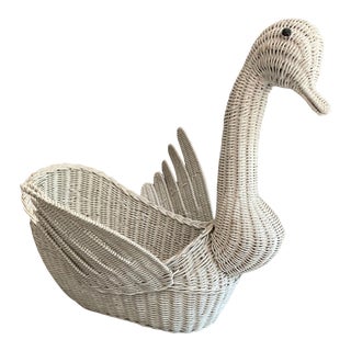 1960s Large Swan Painted White Wicker Basket with Button Eyes For Sale
