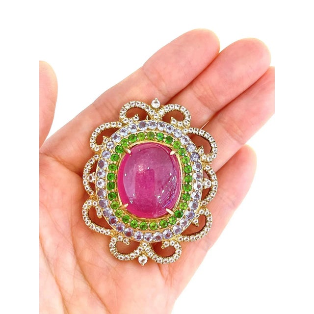 Bochic “Capri” Ruby, Blue Sapphire & Multi Gem Brooch Set In 18K Gold & Silver For Sale - Image 4 of 8