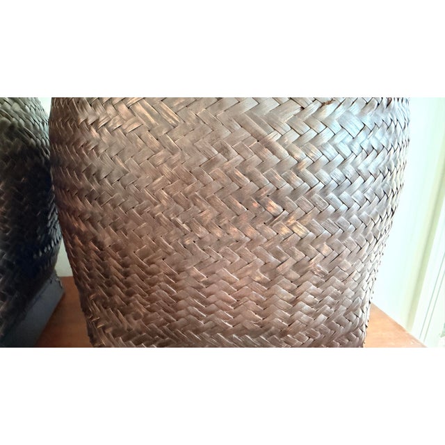 1990s Monumental Antique Rice Bin Woven Rattan Table Lamps by the Natural Light - a Pair For Sale - Image 11 of 12