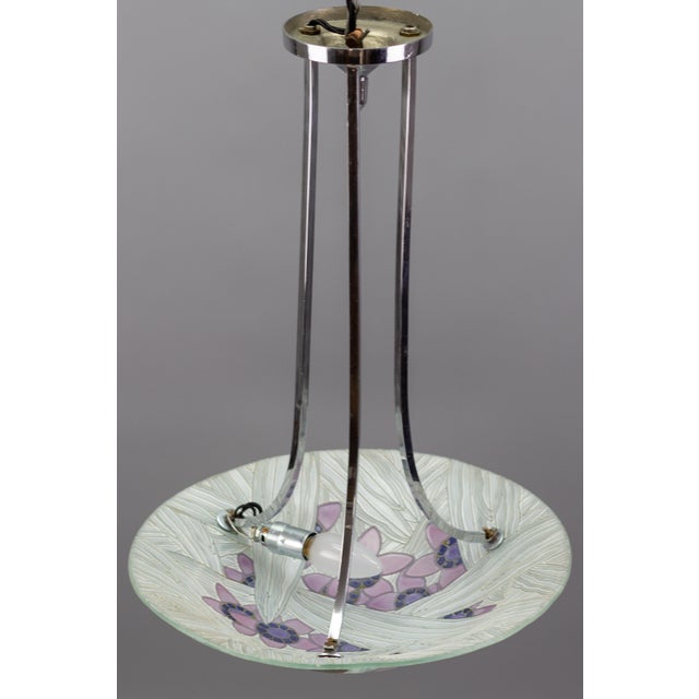 Art Deco French Floral Glass and Chrome Pendant Light from Loys Lucha, 1930s For Sale - Image 10 of 18