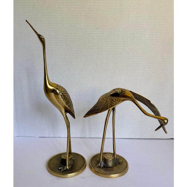 1960s Mid-Century Chinoiserie Brass Crane Figurines on Round Bases - Pair For Sale - Image 5 of 11
