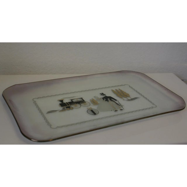 Mid-Century Modern Mid-Century Large Iridescent Clear Glass Tray Black & Gold Victorian Scene For Sale - Image 3 of 10