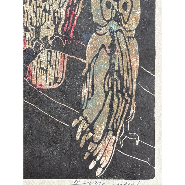 Vintage MCM Woodcut/Engraving Titled ‘Three Owls’ Signed by Fannie Mennen (1903-1995) For Sale In Charlotte - Image 6 of 9