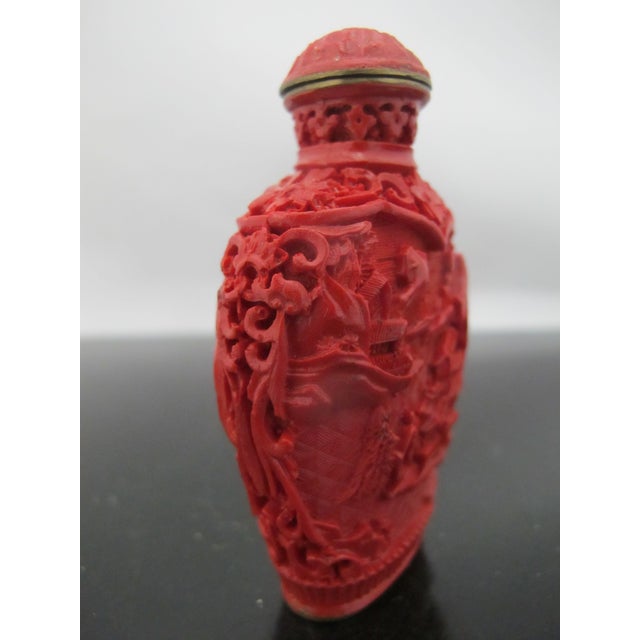 Chinese Vintage Chinese Carved Red Cinnabar Lacquer Village Scene Snuff Bottle For Sale - Image 3 of 11