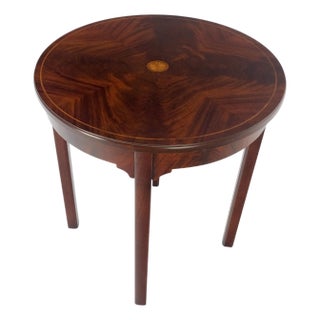 Inlaid Mahogany Bookmatched Veneer 26" Round Top Lamp Side Occasional Table For Sale