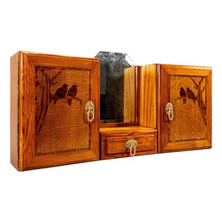 French Art Deco Pine Wood Wall Cabinet with Bird Marquetry & Mirror, 1930s For Sale
