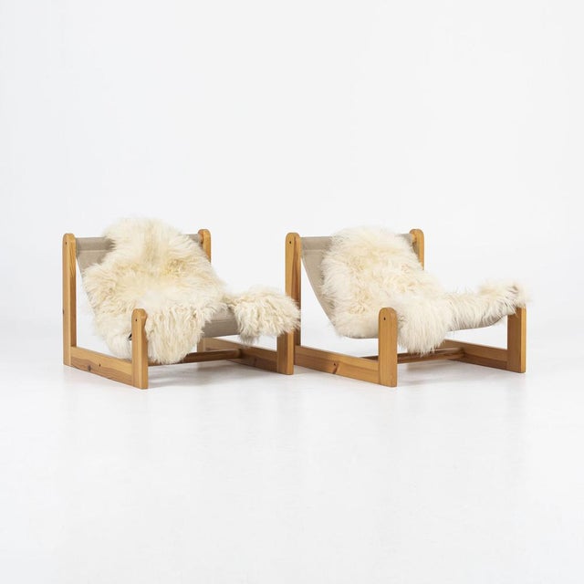 Scandinavian Sling Chair in Pine, Canvas and Sheepskin, 1970s For Sale - Image 9 of 12