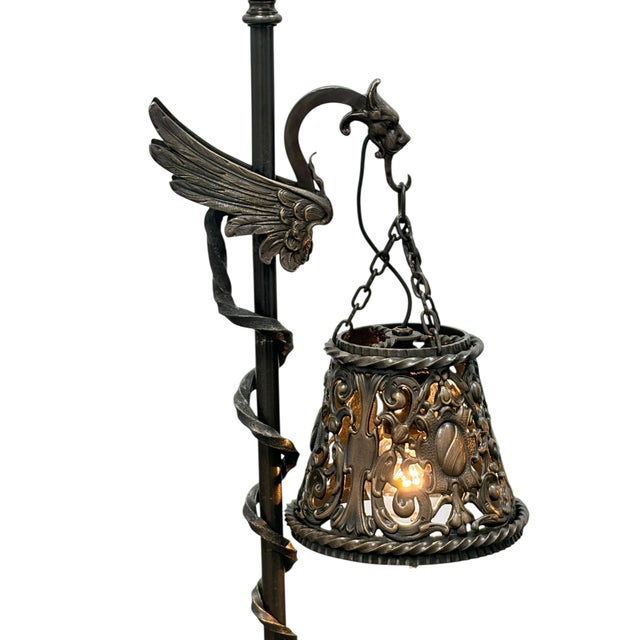 Mission 1910s Spanish Revival Cast Bronze Davenport Accent Floor Lamps with Flying Dragons, Twisted Tails - Restored Rewired For Sale - Image 3 of 16