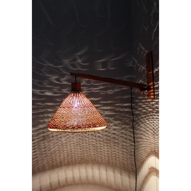 Mid-Century Adjustable Wooden Wall Light with Rattan Shade, 1970s For Sale - Image 12 of 13