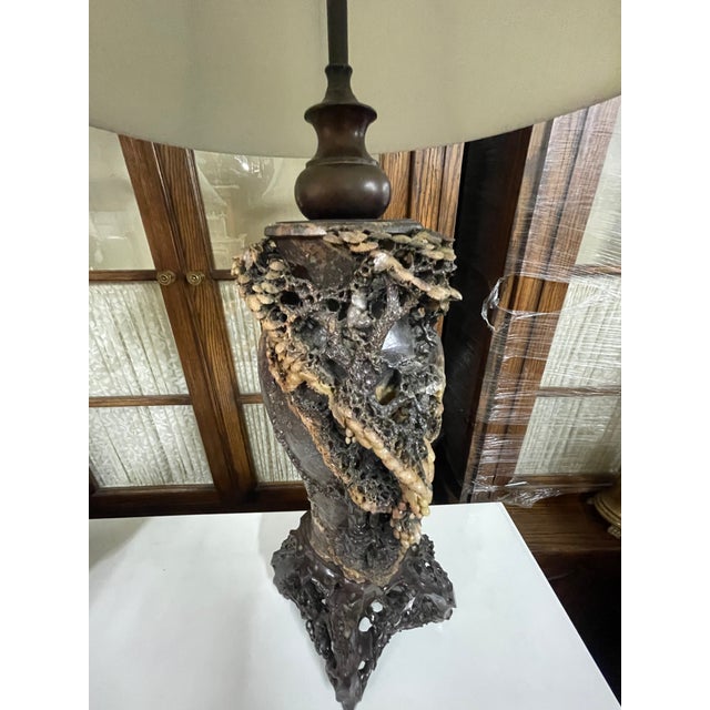 Antique Chinese Elaborately Carved Natural Hard-Stone Table Lamps—A Pair For Sale - Image 4 of 18