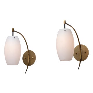 Italian Brass and Opaline Glass Wall Sconces with Arched Arms, 1950s, Set of 2 For Sale