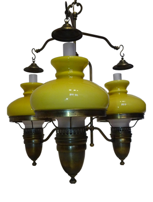 Large Vintage 3-Light Chandelier in Brass, Iron, and Glass, 1970s