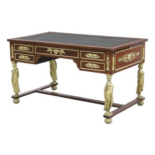 1800's Antique French Empire, Bronze Mtd, Leather Slides, Mahogany, Bureau Desk For Sale
