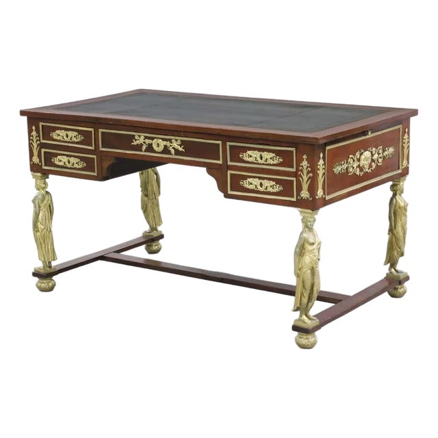 1800's Antique French Empire, Bronze Mtd, Leather Slides, Mahogany, Bureau Desk For Sale