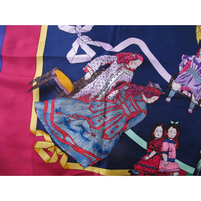 Hermès Hermes Paris Carre 90 Hello Dolly Dolls Print Blue Pink 100% Silk Scarf For Sale - Image 4 of 12