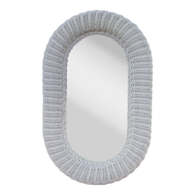 Vintage Petite White Painted Woven Wicker Rattan Framed Oval Mirror For Sale