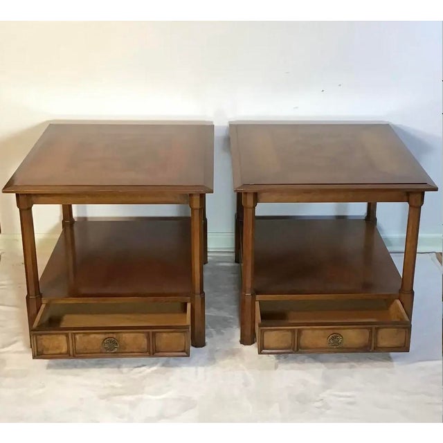 Hekman Furniture Pair of Hekman Furniture Two Tier Burl Maple Walnut End Tables, Mid-Century Modern For Sale - Image 4 of 11