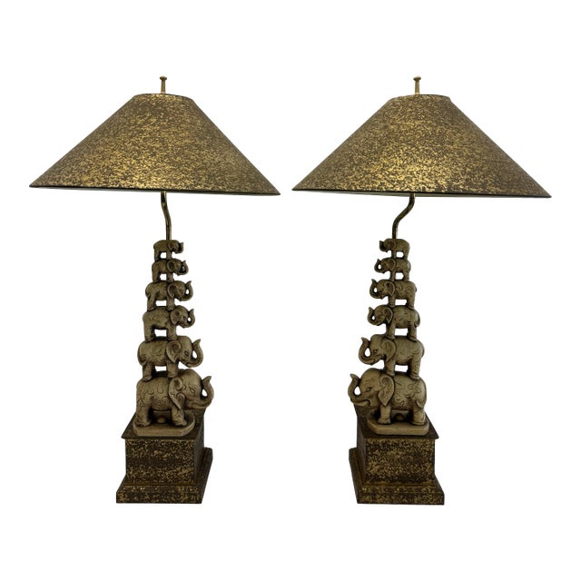 Pair of Vintage Elephant Table Lamps With Pagoda Shades For Sale