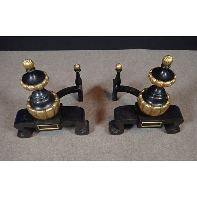 Pair of 19th-Century French Neoclassical Black and Gilt Chenets / Andirons For Sale - Image 4 of 9