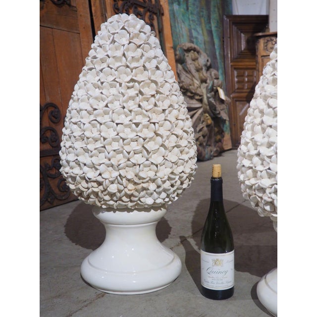 Pair of Tall Italian Pyramidal Creamware Topiaries, H-28 Inches For Sale - Image 16 of 18