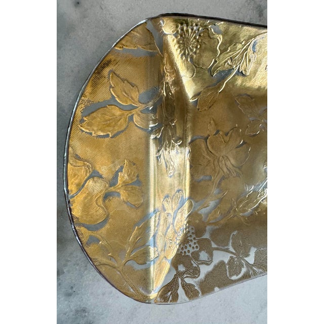Vintage Gold Floral Embossed Clear Glass Tray / Bread Tray / Dresser Vanity Tray featuring an ornate dogwood/wild rose...