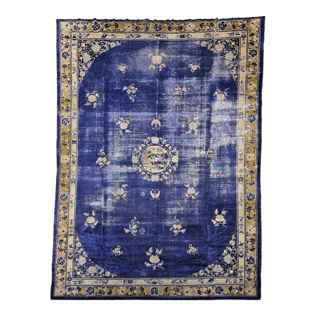 19th Century Chinese Peking Rug, Handwoven Wool, Indigo & Yellow, 10' X 14' For Sale