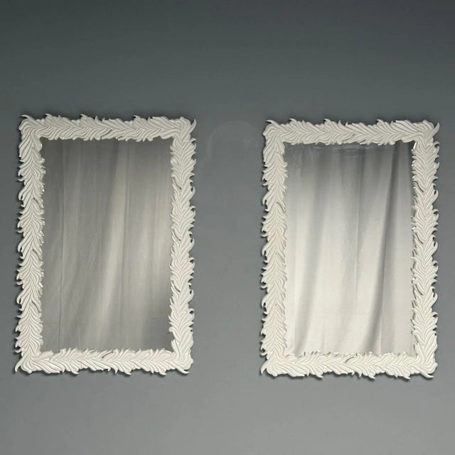 Serge Roche Style, Contemporary, Rectangular Wall or Console Mirrors, White Lacquer, Palm Fronds Motif Pair of sizable...