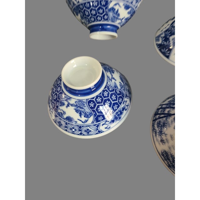 Blue Vintage Multi Pattern Blue & White Asian Rice Bowls- Set of 4 For Sale - Image 8 of 9