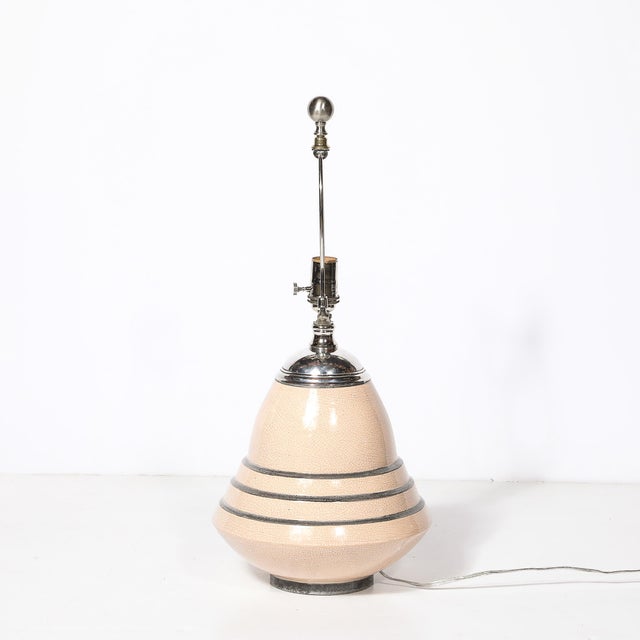 Art Deco Machine Age Craquelure Cream Ceramic Table Lamp Signed Marcel Guillard For Sale In New York - Image 6 of 17