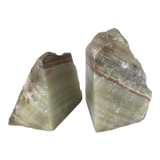 Vintage Natural Stone Alabaster Bookends Green With Brown Veining - Pair For Sale