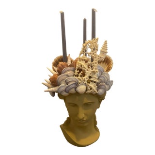Shell-Encrusted Bust in Farrow & Ball “Duster” With Antique Chinese Carved Relic For Sale