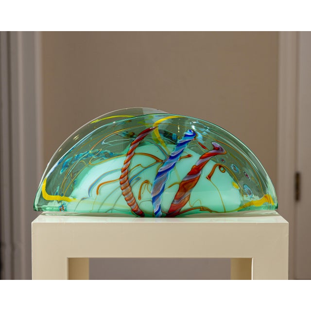 Contemporary Viz Art Glass Green Fan Sculptural Blown Glass Vessel For Sale - Image 3 of 10