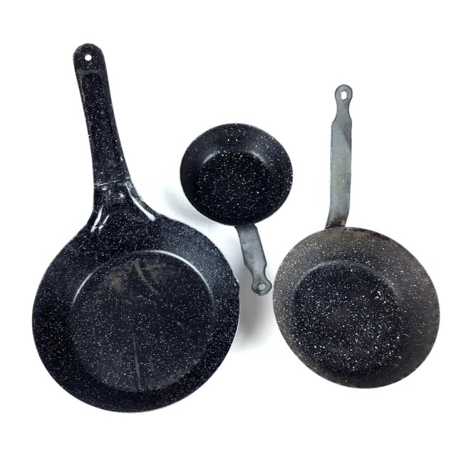 Vintage Set of 3 Black Enamel Coated Metal Pans For Sale - Image 9 of 11