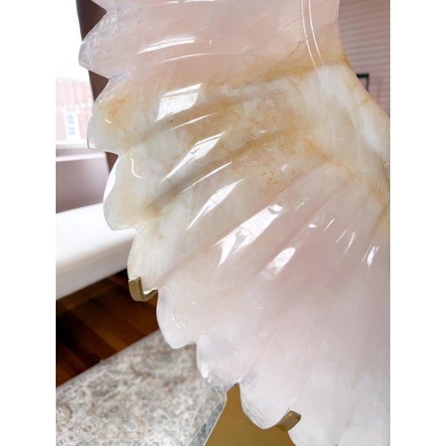 Metal Monumental Rose Quartz “Winged Form” Sculpture With Golden Healer Inclusions – 28.5” Statement Piece For Sale - Image 7 of 18