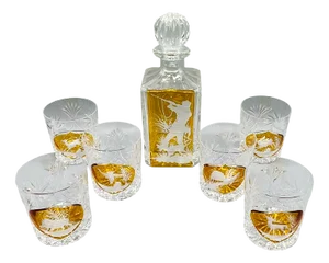 Vintage Bohemian Crystal Hunting Scene Decanter Set, 1970s, Set of 7