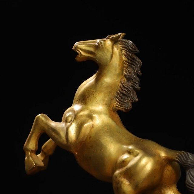 Brass Large Vintage Gilt Brass Galloping Horse Sculpture - Feng Shui "Success" Statue on Base For Sale - Image 8 of 9